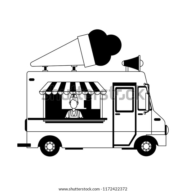 Ice cream truck\
and man in black and white
