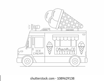 Ice Cream Truck, Mobile Shop. Thin Line. Isolated On White Background