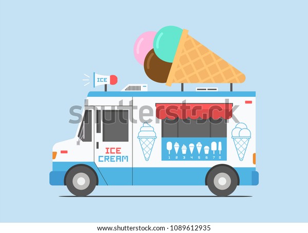 Ice Cream Truck, mobile shop. flat style.\
isolated on blue\
background