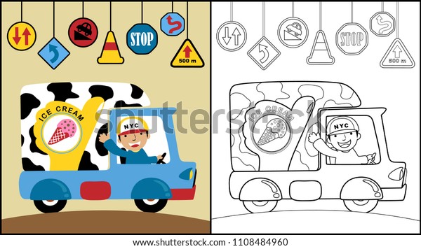 Ice\
cream truck mobile shop with smiling driver and traffic signs,\
coloring book or page, vector cartoon\
illustration