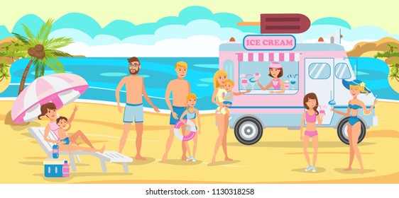 Ice Cream Truck on Beach. Minivan cafe with ice cream and Cocktails. Objects for entertainment on Vacation by Sea on Beach. Vector Illustration. Family Holiday on Beach at Weekends.