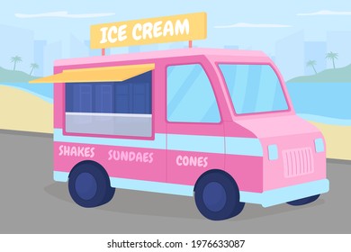 Ice cream truck on beach flat color vector illustration. Selling sundae from automobile. Refreshment shake, buy dessert. Icecream van 2D cartoon automobile with summer seascape on background