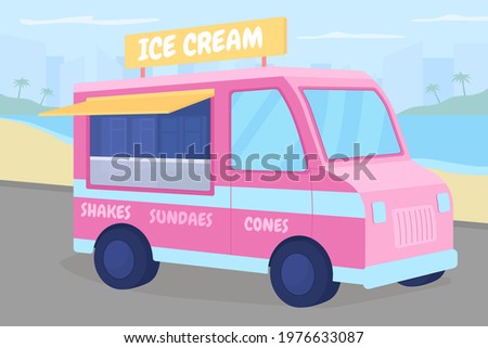 Ice cream truck on beach flat color vector illustration. Selling sundae from automobile. Refreshment shake, buy dessert. Icecream van 2D cartoon automobile with summer seascape on background