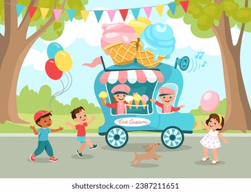 Ice cream truck in park. Cute kids buy cold sweets. Street food kiosk in city. Happy children walk outdoor. Sellers at counter. Takeaway cafe. Refreshing dessert