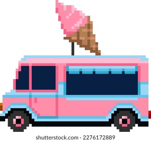 Ice cream truck pixel art. Street food van 8-bit video game sprite. Vector illustration.