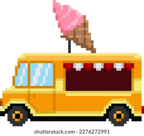 Ice cream truck pixel art. Street food van 8-bit video game sprite. Vector illustration.