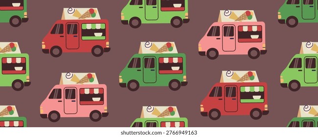Ice cream truck seamless pattern in flat hand-drawn style. Vector background with colorful food trucks and gelato vans for kids textile, summer party wallpaper, nursery decor and wrapping paper. Isolated on brown background.