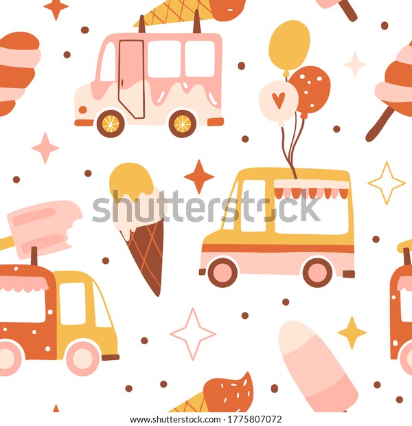 Ice cream truck seamless pattern. Cute  texture\
for kids textile, fabric, children design. Sweet hand drawn flat\
dessert. Bright summer vector illustration. Funny transport for\
street shop, market