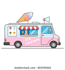 Ice cream truck, side view. Seller of ice cream in the van. Ice cream van. Isolated vector flat design illustration on white background for your web design or print