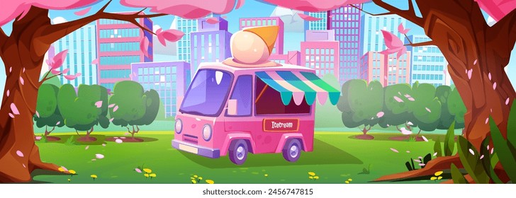 Ice cream truck in spring city park. Vector cartoon illustration of mobile cafe vehicle selling street food, green park with pink sakura trees and color flowers, modern skyscrapers, blue sunny sky