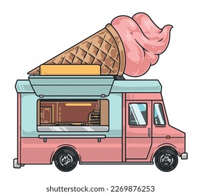 Ice cream truck sticker colorful with pink van for delivering cold desserts and summer drinks for kids vector illustration