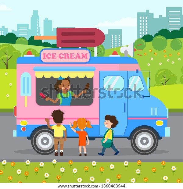 Ice cream Truck, Store Flat Vector Illustration.
Happy Young Woman and Little Kids Cartoon Characters. Van with
Chocolate Delicacy on Stock. Saleswoman Selling Sweet Treat in
Park. Dairy Sale Business