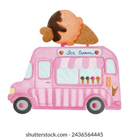 Ice cream Truck. Symbol of Freshness and Happiness.  Watercolor Ice cream Truck on White Background.  Vector illustration.