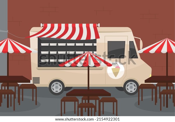 ice cream truck and tables\
scene