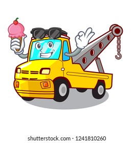 With ice cream truck tow the vehicle with mascot With ice cream truck tow the vehicle with mascot