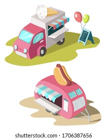 Ice cream truck and trailer with hot dogs. Cartoon illustration isolated on white background.
