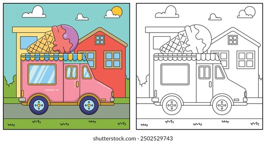 ice cream truck, transportation, vehicle, outline coloring page for kids