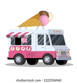Ice cream truck. Van with sweet food. Delicious dessert transportation. Vector illustration in cartoon style