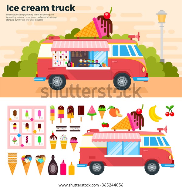 Ice cream\
truck vector flat illustrations. Ice cream trailer on the street.\
Sweet life concept. Different ice cream, food truck and different\
fruits isolated on white\
background