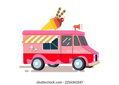Ice cream truck. Vector hand drawn illustration