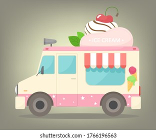 Ice cream truck. Vector illustration in cartoon flat style. Sale of ice cream on the street. 