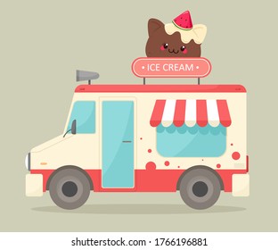 Ice cream truck. Vector illustration in cartoon flat style. Sale of ice cream on the street.  Cartoon style.