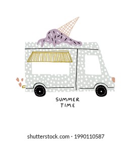 Ice cream truck vector illustration in modern hand drawn style. Summer concept. Great for apparel print, poster, cards.