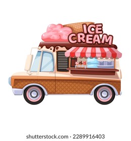 Ice cream truck vector illustration. Cartoon isolated beach or city park car van, cute mobile candy shop to sell summer sweet dessert for kids, side view of retro machine with ice cream cone on top