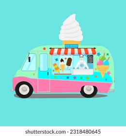 Camión de helados. Ilustración vectorial de una furgoneta de helados con un vendedor de helados dentro. El vendedor de helados está dentro de la camioneta con ambas manos en el mostrador.