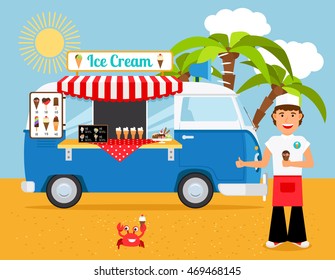 Ice Cream Truck Vector Illustration. Iceman And Icecream Van On Sandy Beach With Palm Trees