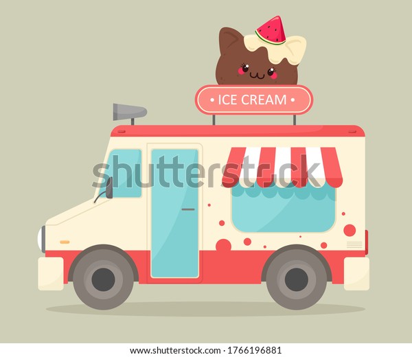 Ice cream truck.\
Vector illustration in cartoon flat style. Sale of ice cream on the\
street.  Cartoon style.