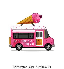 Ice cream truck.Street fast food truck, takeaway restaurant,  market in street isolated vector illustration in flat style.