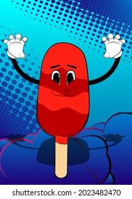 Ice Cream is trying to scare you. Summer refreshment, sweet food as a cartoon character with face.