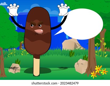 Ice Cream is trying to scare you. Summer refreshment, sweet food as a cartoon character with face.