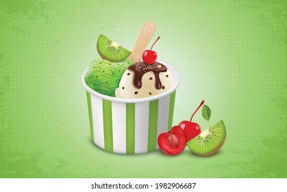 Ice cream tub full of mixed ice cream with kiwi fruit and cherry- vector illustration