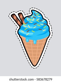 Ice cream with two candy sticks isolated. Patch. Cut out sticker. Blue ice cream with caramels. Confectionery childish illustration in flat design. Restaurant menu for children vector