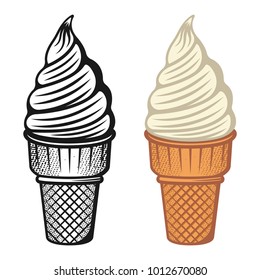 Ice cream two style monochrome and colored set of vector objects or design elements isolated on white background