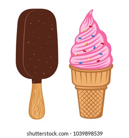 Ice cream two types soft serve and popsicle colored vector illustration isolated on white background