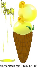 ice cream two yellow circles in a waffle chocolate cup with yellow raspberries and mint