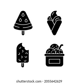 Ice cream types black glyph icons set on white space. Watermelon shape on stick. Hong kong waffles. Chocolate flavored coating. Frozen treat in cup. Silhouette symbols. Vector isolated illustration