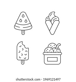 Ice cream types linear icons set. Watermelon shape on stick. Hong kong waffles. Frozen treat in cup. Customizable thin line contour symbols. Isolated vector outline illustrations. Editable stroke