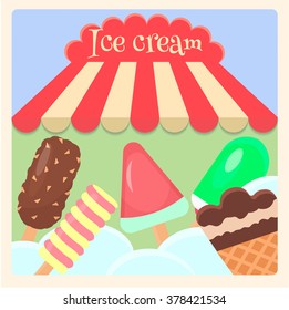 Ice cream in the ice under a canopy stall