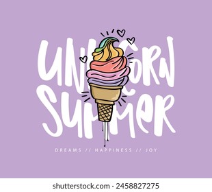 Helado con colores de unicornio. Diseño de Ilustración vectorial para moda, camiseta, camiseta, gráfico, estampado, póster.