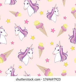 Ice cream and unicorn seamless pattern on pastel pink background