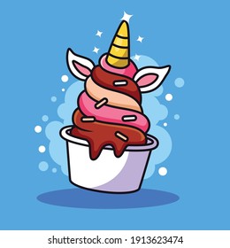 Ice Cream Unicorn Vector Cartoon Illustration. Sweet Food Icon Logo. Dessert Icon Illustration Isolated on Blue Background