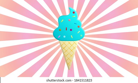 ice cream of an unusual shape in a waffle glass on a white-pink retro background, vector illustration. milk dessert. blue berry ball with sugar sprinkling. dessert made of milk and berries.