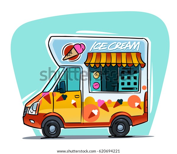 Ice Cream Van\
Cartoon illustration side\
view