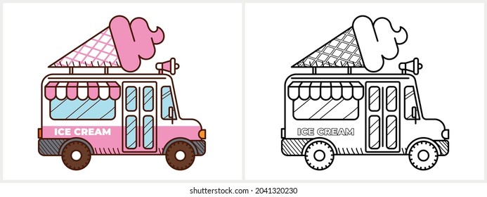 Ice cream van coloring page for kids. Ice cream truck side view isolated on white background.