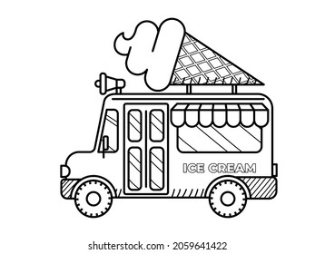Ice cream van coloring page for kids. Food truck isolated on white background. Ice cream van side view.
