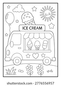 Ice Cream Van Coloring Page for Kids. Adorable Cartoon Truck with Dessert Display and Outdoor Scene Easy Line Art. Fun Learning Activity.  Fun and educational materials for Children.
